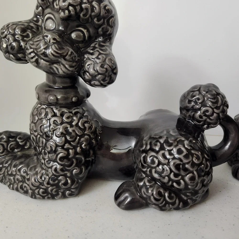 Vintage Mid Century Modern Gray Ceramic Shelf Poodles Dog Decor Signed Reiber